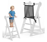 COSYLAND Tour d’Observation Montessori Enfant Pliable - Tour d’Apprentissage Bébé Réglable en Hauteur, Chaise d’Apprentissage en Bois à Partir de 1 an, Kitchen Helper - Blanc