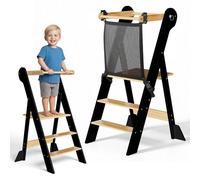 COSYLAND Tour d’Observation Montessori Enfant Pliable - Tour d’Apprentissage Bébé Réglable en Hauteur, Chaise d’Apprentissage en Bois à Partir de 1 an, Kitchen Helper - Noir + Naturel