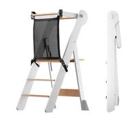 COSYLAND Tour Debout Pliable avec Filet de sécurité - Marchepied de Cuisine Pliable réglable en Hauteur pour Enfants pour l'apprentissage et la Cuisine - 18 Mois à 6 Ans (Naturel et Blanc)