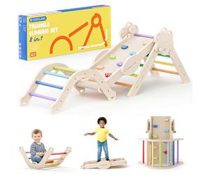 COSYLAND Triangle d’Escalade Montessori 8-en-1 - Arche Pliable en Bois, Parcours de Motricité pour Enfants 1-3 Ans, Structure Stable, Charge 80 kg, Coffret Cadeau Coloré (Classic Rainbow)