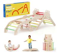 COSYLAND Triangle d’Escalade Montessori 8-en-1 en Bois, Arche Pliable pour Enfants 1-6 Ans, Parcours de Motricité Hauteur Réglable, Charge 80 kg, Boîte Cadeau Colorée (Tons Chauds)