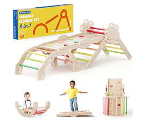 COSYLAND Triangle d’Escalade Montessori 8-en-1 en Bois, Arche Pliable pour Enfants 1-6 Ans, Parcours de Motricité Hauteur Réglable, Charge 80 kg, Boîte Cadeau Colorée (Tons Chauds)