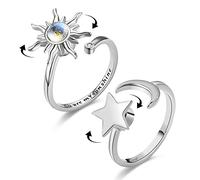 Cosysparks Bague Anti Stress Femme, 2 Pièces Avec Ouverture Réglable Ring Anti Stress Bague Argent Bague Anti-Stress Moon Star Rings Anxiety Ring, W/Gift Box