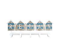 CoTa Global Aqua Sky « Relax » Beach House Cintre mural à 5 crochets, 49,5 x 18,3 cm, support décoratif en bois fait à la main, décoration nautique, côtière, serviette de salle de bain, accessoire de