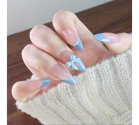 Cotabacuco Ongles à coller, 24 pièces Press On Nails Almond & Press Ons, Press On Ongles avec astuce française bleue et design de nœud 3D