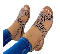 COTCLO Sandales d'été pour femme - Sandales plates en cuir synthétique - Bout ouvert - Chaussures de plage pour femme - Sandales d'été - Sangle à boucle - Tongs - Léopard - 39