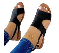 COTCLO Sandales d'été pour femme - Sandales plates en cuir synthétique - Bout ouvert - Chaussures de plage - Pantoufles d'été - Sandales à boucle - Tongs - Noir - 36