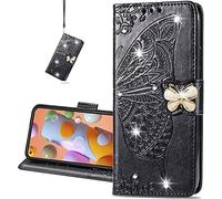 COTDINFOR Case for Huawei Y6 2019 Coque Diamant Svelte PU Bling Crystal Papillon en Relief Protecteur Flip Phone Cover Étui Housse pour Huawei Y6 2019 Case Diamond Butterfly Black SD