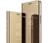 COTDINFOR Coque pour Apple iPhone 16 Plus Flip Cover Paillettes Miroir Clear View Bookstyle Téléphone Étui Case Support Pliable Plating PC Antichoc Bumper Housse pour iPhone 16 Plus Or MX.