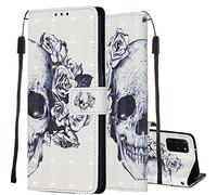 COTDINFOR pour Samsung Galaxy A71 Coque Flip,Cool Painted 3D Effet Peint Cuir PU Magnétique Fermoir Magnétique Porte-Cartes Wallet Cover Housse Étui pour Galaxy A71 Black Skull Flower YB.