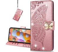 COTDINFORCA Phone Case for Samsung Galaxy A21S Coque Diamant Svelte PU Femme Bling Crystal Papillon en Relief Protecteur Flip Étui Housse Cover pour Galaxy A21S Diamond Butterfly Rose Gold SD