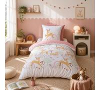 CÔTE DECO Parure de lit 140x200cm Animaux Biches Feuillages - 2 pièces | 1 Housse de Couette Enfant 140x200cm + 1 Taie d'oreiller 63x63cm - Microfibre - Rose, Blanc