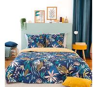 CÔTE DECO Parure de lit 2 Personnes avec Housse de Couette 140x200cm + 1 taie d'oreiller 63x63cm Motif Feuilles Tropicales 100% Coton adouci Bleu (140X200CM)
