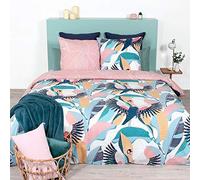 CÔTE DECO Parure de Lit 220x240 cm + 2 Taies d'oreiller 63x63cm Housse de Couette 2 Personnes Rose et Bleu Tropical 100% Coton Bio
