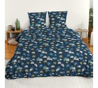 CÔTE DECO Parure de Lit 220x240 cm Adulte en Microfibre Fleuri - Housse de Couette + 2 Taies d'oreiller 63x63 cm à Fleurs Bleu - Set de 3 Pièces en Microfibre