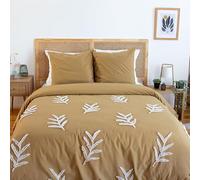 CÔTE DECO Parure de lit 220x240 cm Adulte - Housse de Couette tuftée 220x240 cm + 2 Taies d'oreiller 63x63 cm Motif tufté Feuillage Jaune Moutarde et Blanc - Set de Housse de Couette 100% Coton lavé