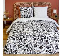 CÔTE DECO Parure de Lit 220x240 cm Imprimée Adulte - Housse de Couette 220x240 cm + 2 Taies d'oreiller 63x63 cm Motif Imprimé Floral et Rayé Blanc Noir - Sets de Housse de Couette en Microfibre