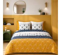 CÔTE DECO Parure de lit 220x240cm Géométrique Bleu et Jaune - 3 pièces | 1 Housse de Couette 220x240 cm, 2 Taies d'Oreiller 63x63 cm, 100% Coton Adouci
