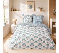 CÔTE DECO Parure de lit 220x240cm Géométrique et Fleuris Bleues- 3 pièces | Housse de Couette 220x240 cm, 2 Taies d'Oreiller 63x63 cm, Coton, Motifs Géométrique et Fleuris