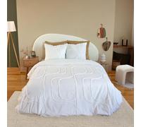 CÔTE DECO Parure de lit 220x240cm Motif Tufté Géométrique Blanches 3 pièces | 1 Housse de Couette Adulte 220x240cm + 2 Taies d'Oreiller 63x63 cm - Courbes Blanches - Coton Lavé