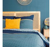 CÔTE DECO Parure de lit Adulte 100% Coton - Housse de Couette 220x240 cm + 2 Taies d'oreiller 63x63 cm imprimé géométrique réversible Bleu, Finitions dorées