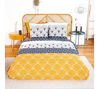 CÔTE DECO Parure de lit avec Housse de Couette 220x240 cm + 2 Taies d'oreiller 63x63cm Parure de lit pour 2 Personnes géométrique Bleu et Jaune 100% Coton adouci (240x220)