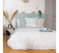 CÔTE DECO Parure de lit Coton Lin lavé Vert 240x220 cm Pampelune - 1 Housse de Couette imprimé et 2 Taies d'oreiller