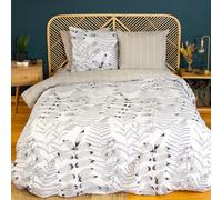 CÔTE DECO Parure de Lit Coton - Motif Floral Réversible Rayé Blanc et Beige
