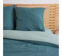 CÔTE DECO Parure de Lit Effet Gaze de Coton 220x240 cm Adulte - Housse de Couette + 2 Taies d'oreiller 63x63 cm Bi-Matière en Microfibre Gaufrée et Lavée (Bleu)