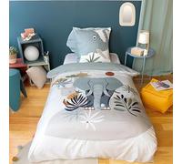 CÔTE DECO Parure de lit éléphant Enfant - Housse de Couette 140x200 cm + 1 Taie d’Oreiller 63x63 cm Oreilles matelassées - Thème Animaux de la Savane en Microfibre