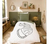 CÔTE DECO Parure de Lit Enfant 140x200 cm Motif Tigre Tufté Vert et Blanc