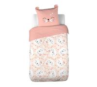 CÔTE DECO Parure de Lit Enfant Chat Rose - Housse de Couette 140x200 cm + 1 Taie d'oreiller 63x63 cm avec Oreilles Matelassées - 2 Pièces - Réversible Ultra Douce en Microfibre