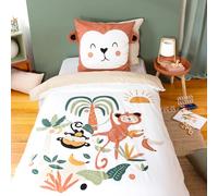 CÔTE DECO Parure de Lit Enfant Ouistiti - Housse de Couette 140x200 cm + 1 Taie d'oreiller 63x63 cm Oreilles Matelassées - Thème Animaux de la Jungle en Microfibre - 2 Pièces