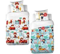 CÔTE DECO Parure de lit Enfant Réversible Pompier et travaux Housse de Couette 140x200cm + 1 taie d'oreiller 63x63cm 100% Coton