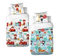 CÔTE DECO Parure de lit Enfant Réversible Pompier et travaux Housse de Couette 140x200cm + 1 taie d'oreiller 63x63cm 100% Coton