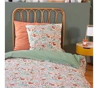 CÔTE DECO Parure de Lit Imprimée 140x200 cm Enfant - Housse de Couette 140x200 cm + 1 Taie d'oreiller 63x63 cm Motif Animaux de la Forêt Vert Marron et Orange - 100% Coton - 2 Pièces