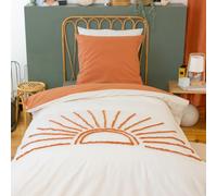 CÔTE DECO Parure de lit imprimée 140x200 cm Enfant - Housse de Couette 140x200 cm + 1 Taie d'oreiller 63x63 cm Motif Soleil tufté Orange et Blanc - Sets de Housse de Couette en Coton