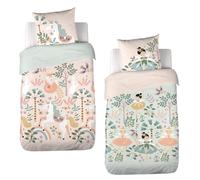 CÔTE DECO Parure de Lit Imprimée Bi-Histoire 140x200 cm Enfant - Housse de Couette 140x200 cm + 1 Taie d'oreiller 63x63 cm Motif Imprimé Dame et Licorne Rose et Bleu en Coton