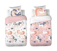 CÔTE DECO Parure de lit Licorne Rose Enfant - Housse de Couette Bicolore réversible 140x200 cm + 1 Taie d’Oreiller 63x63 cm - Microfibre