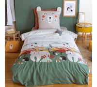CÔTE DECO Parure de Lit Ours 140x200 cm Enfant - Housse de Couette 140x200 cm + 1 Taie d'oreiller 63x63 cm Motif Animaux de la Forêt Vert et Beige avec Poche Doudou - en Microfibre