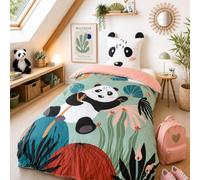 CÔTE DECO Parure de Lit Panda Enfant 140x200cm + 1 Taie 63x63cm, 2 Pièces | Oreilles Matelassées, Thème Animaux de la Savane, Microfibre, Rose