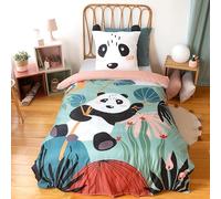 CÔTE DECO Parure de lit Panda Enfant - Housse de Couette 140x200cm + 1 Taie d’Oreiller 63x63 cm Oreilles matelassées - Thème Animaux de la forêt en Microfibre