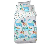 CÔTE DECO Parure de lit Réversible Motifs Dinosaures Bleu Gris- 2 pièces | 1 Housse de Couette Enfant140x200 cm + 1 Taie d'Oreiller 63x63 cm - Coton BIO