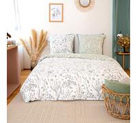 CÔTE DECO Parure de lit Satin de Coton Vert Floral 240x220 cm Susie - 1 Housse de Couette imprimé et 2 Taies d'oreiller