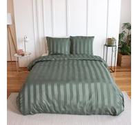 CÔTE DECO Parure de Lit Vert Rayée Effet Satin de Microfibre - 3 Pièces | 1 Housse de Couette Adulte 220x240cm + 2 Taies d'Oreiller 63x63 cm - Rayures- Polyester