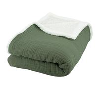 CÔTE DECO Plaid Polaire et Gaze de Coton 130x170, Couverture légère et Douce pour lit ou canapé. (Vert Kaki)