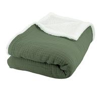 CÔTE DECO Plaid Polaire et Gaze de Coton 130x170cm, Couverture Vert Kaki | Multi-Usages, Couverture Légère, Douce, Pour Lit ou Canapé