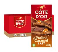 CÔTE D'OR - 15 Tablettes Côte d'Or Chocolat au Lait Fourrage Praliné Noisettes et Caramel 200g - Chocolat au Lait, Fourrage Praliné Noisettes, Cœur Coulant Caramel - Lot de Tablettes - Lot de 15x200g