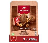 CÔTE D'OR - 3 Paquets de 10 Carrés de Chocolat au Lait et Noisettes Entières - Carrés de Chocolat Emballés Individuellement - Lot de 3x200g