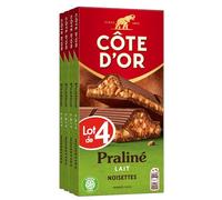 CÔTE D'OR - 4 Tablettes Côte d'Or Chocolat au Lait et Praliné Noisettes, Amandes, Noix de Cajou et Eclats de Noisettes 200g - Chocolat au Lait Praliné - Lot de Tablettes de Chocolat - Lot de 4x200g